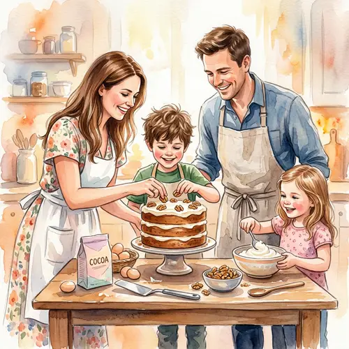 Joyful Family Baking in the Kitchen - Watercolor Art