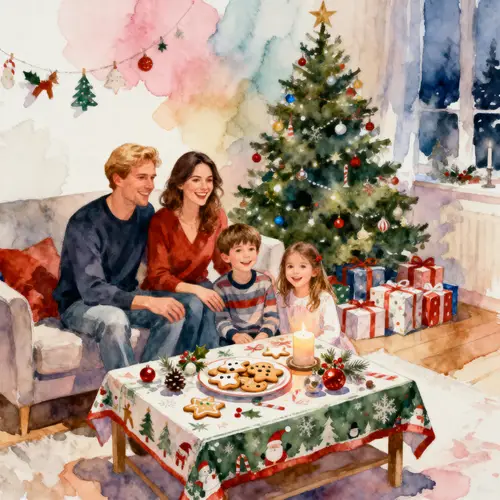 Cozy Christmas Family Celebration in Watercolor
