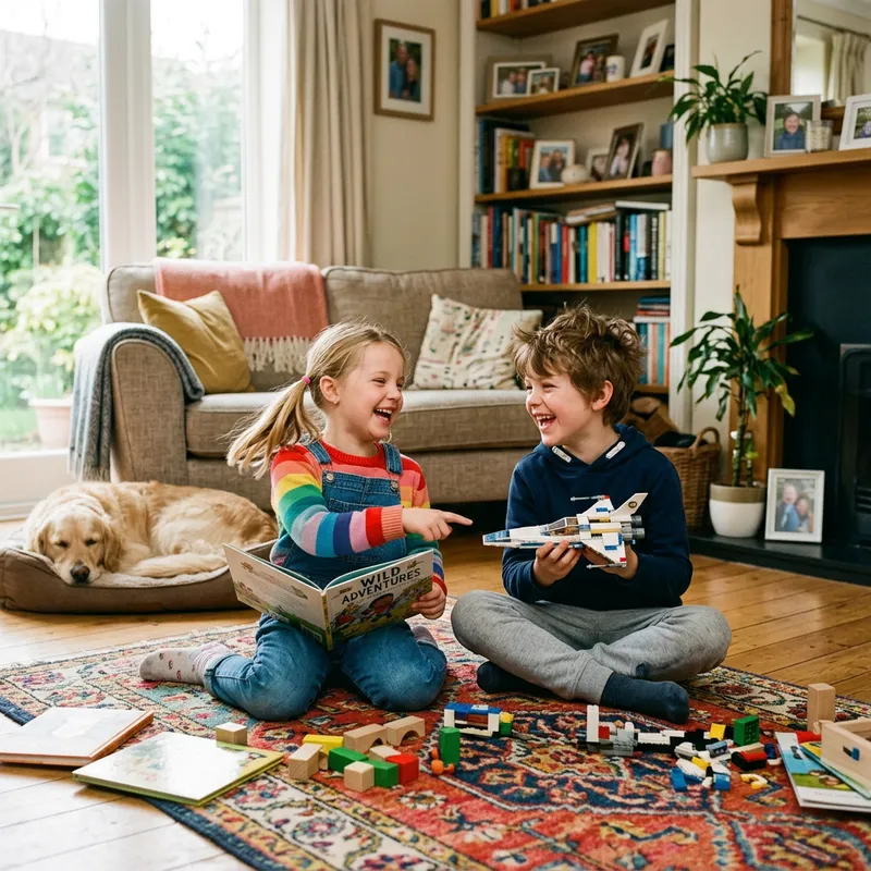Joyful Moment: Kids and Pets in a Cozy Living Room