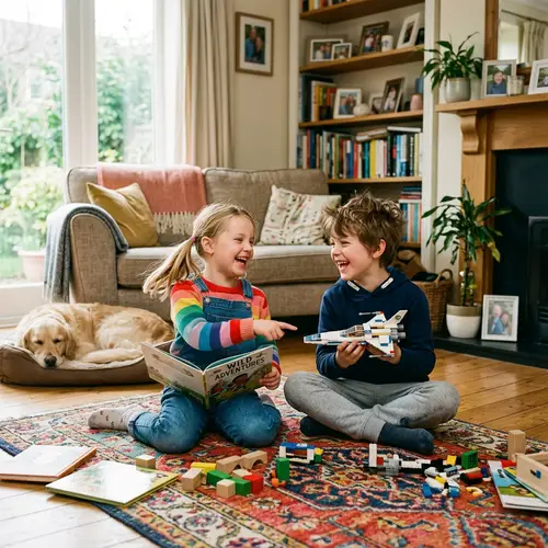 Joyful Moment: Kids and Pets in a Cozy Living Room