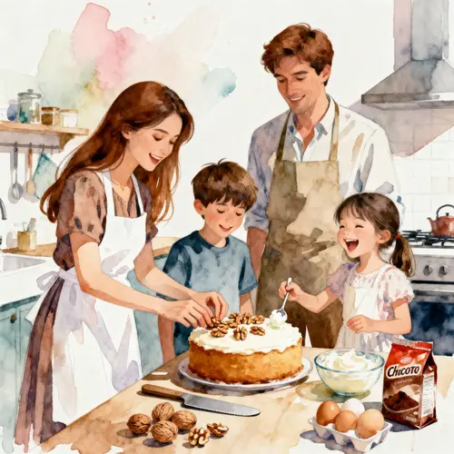Joyful Family Kitchen Scene in Watercolor Art