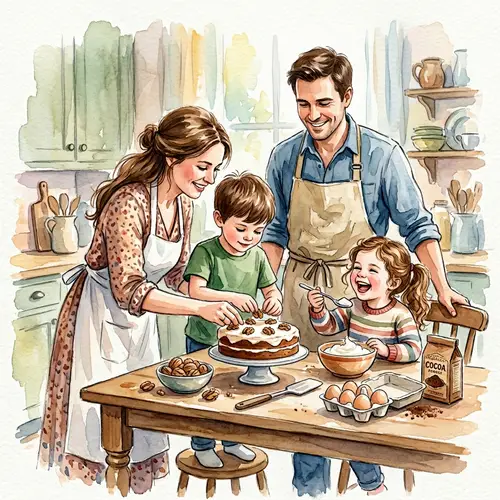 Joyful Family Kitchen Scene in Watercolor Art