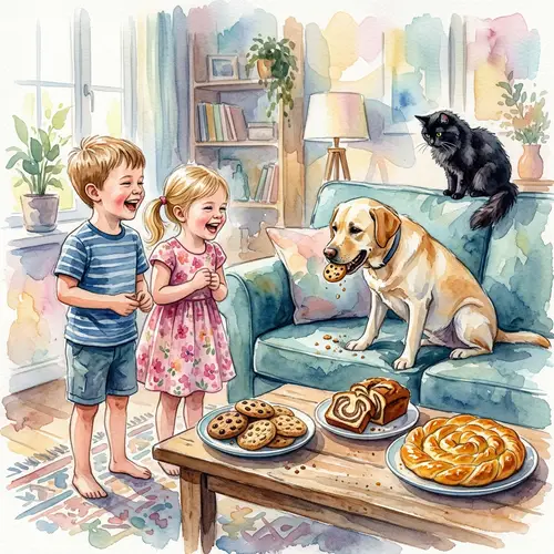 Joyful Living Room Scene with Children and Pets
