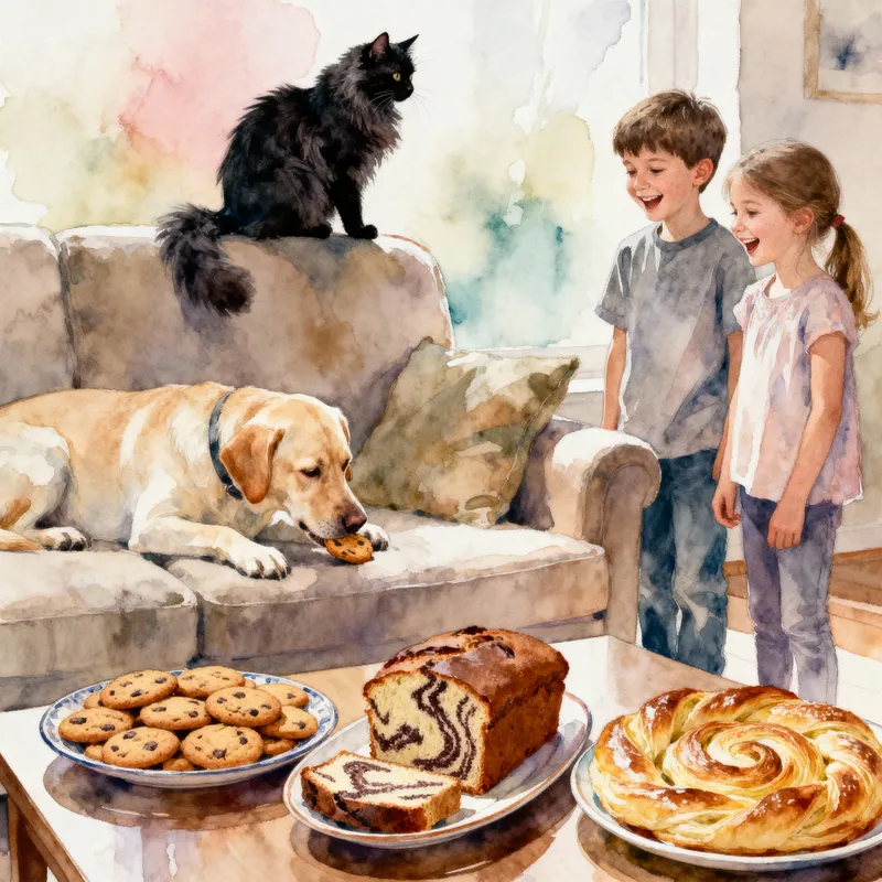 Joyful Kids in a Living Room with Pets and Treats Joyful Kids in a Living Room with Pets and Treats