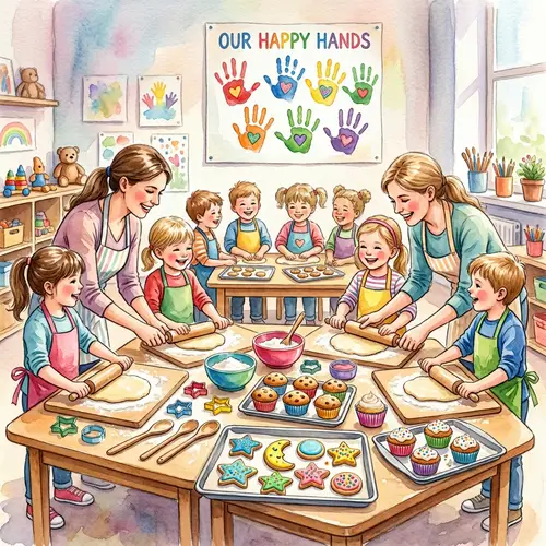 Joyful Kindergarten Baking Scene in Watercolor