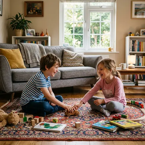 Cheerful Kids and Pets in a Cozy Living Room Scene