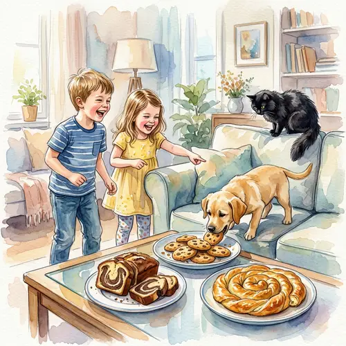 Joyful Kids in a Living Room with Pets and Treats