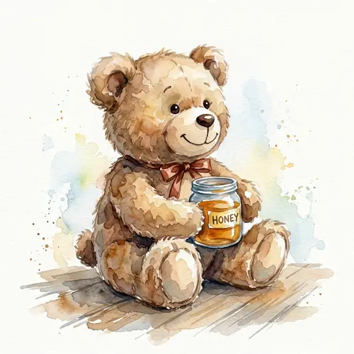 Fluffy Brown Stuffed Bear Toy - Watercolor Art
