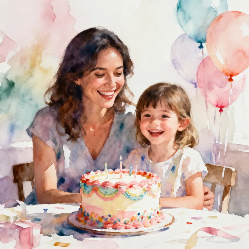 Mother and Child Birthday Celebration in Watercolor