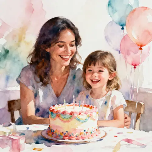 Mother and Child Birthday Celebration in Watercolor