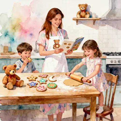 Warm Kitchen Family Scene in Watercolor Art
