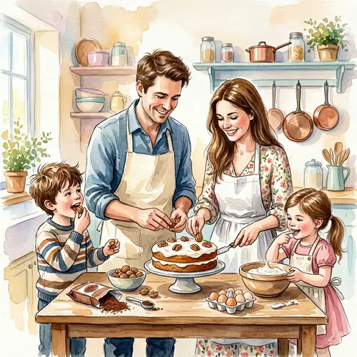 Cozy Family Kitchen Scene in Watercolor