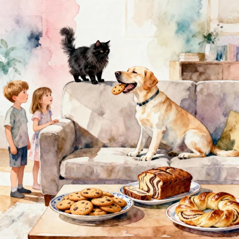 Joyful Living Room Scene with Children and Pets