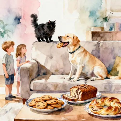 Joyful Living Room Scene with Children and Pets