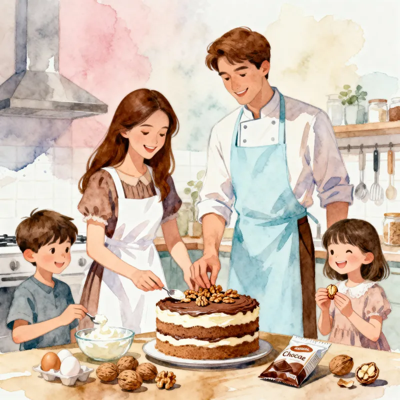 Cozy Family Kitchen Scene with Cake Decoration