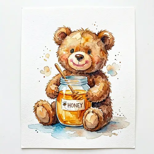 Fluffy Brown Bear Stuffed Toy | Watercolor Art