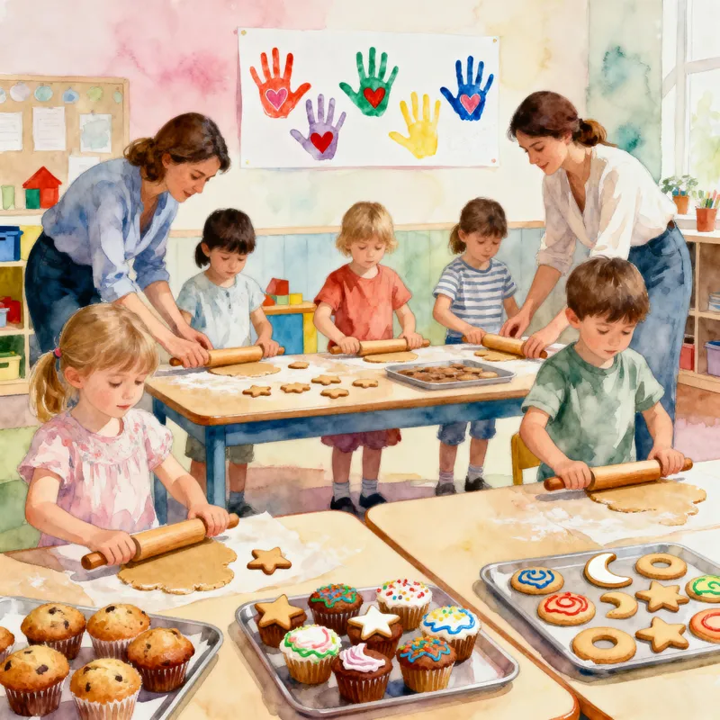 Joyful Kindergarten Baking Scene in Watercolor Joyful Kindergarten Baking Scene in Watercolor