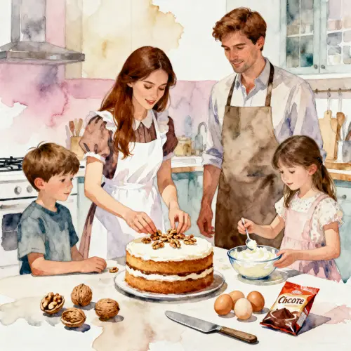 Joyful Family Baking in the Kitchen - Watercolor Art