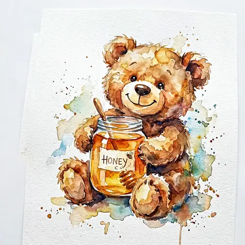 Charming Watercolor Teddy Bear with Honey Jar