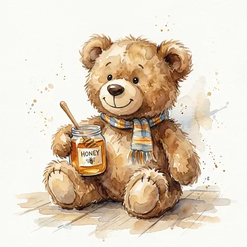 Fluffy Brown Stuffed Bear Toy in Watercolor