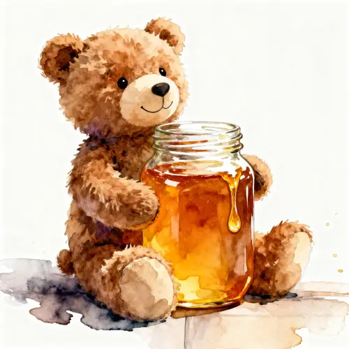 Fluffy Stuffed Bear with Honey Jar - Watercolor Art