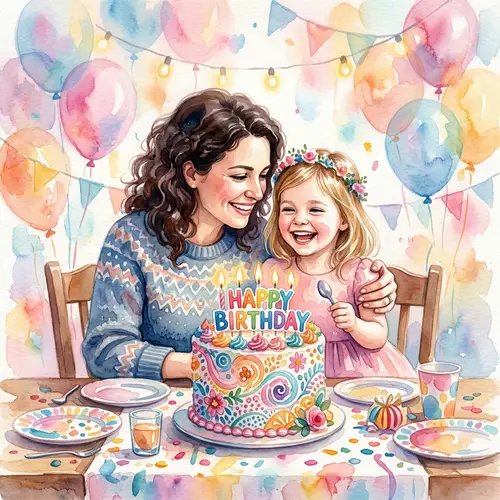 Mother and Child Birthday Celebration in Watercolor