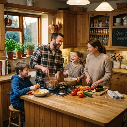 Joyful Family Kitchen Scene in Watercolor