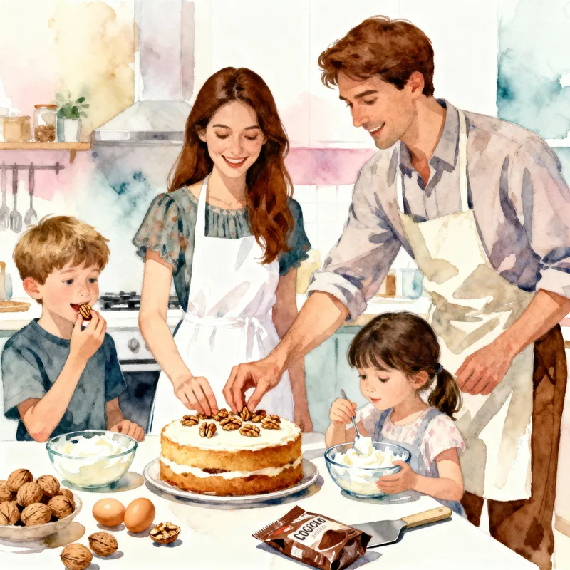 Cozy Family Kitchen Scene in Watercolor