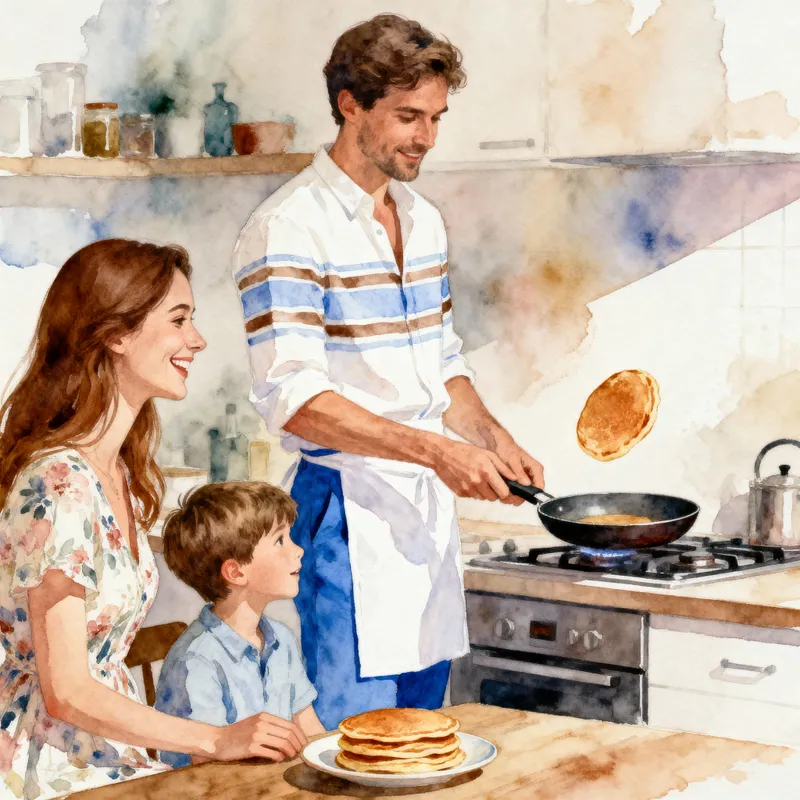 Joyful Family Kitchen Moments in Watercolor Art
