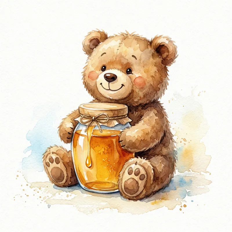 Fluffy Stuffed Bear with Honey Jar - Watercolor Art Fluffy Stuffed Bear with Honey Jar - Watercolor Art