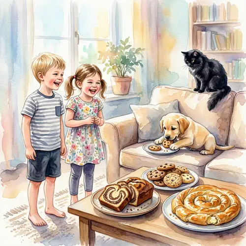 Joyful Living Room Scene with Kids and Pets