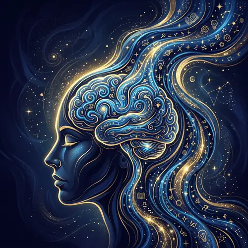 Human Head Water Knowledge Flow in Gold and Dark Blue