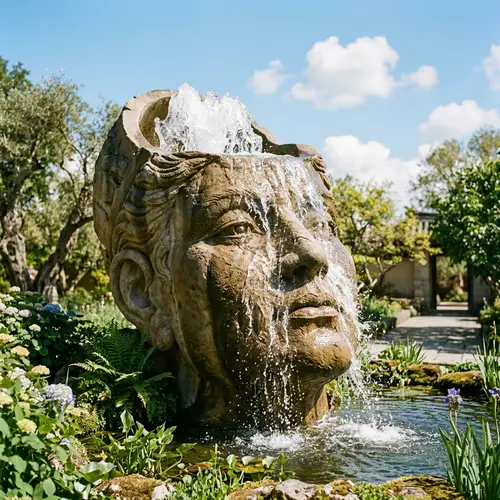 Flowing Wisdom: Human Head Sculpture with Knowledge Water