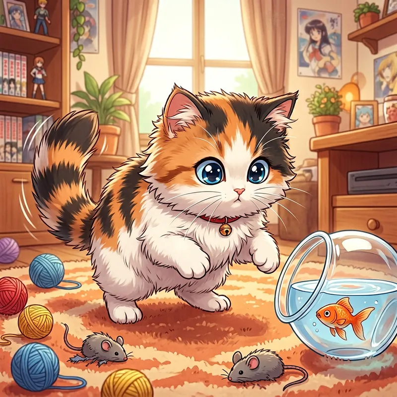 Cute Anime-Style Cat Anticipating Leap