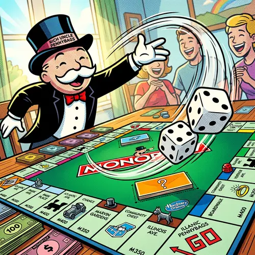 Whimsical Monopoly Scene with Oversized Dice