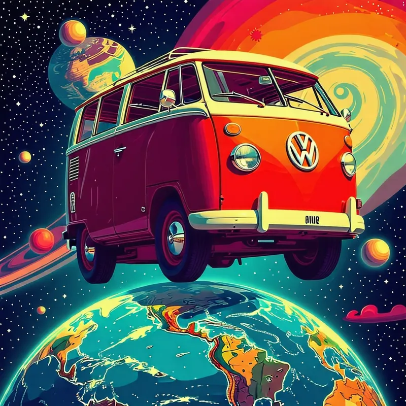 Surreal Volkswagen Van Adventure in Cosmic Space