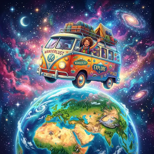 Surreal Volkswagen Van Adventure in Cosmic Space