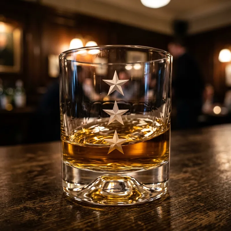 Whisky Glass with Three Stars | Golden Liquid Close-Up