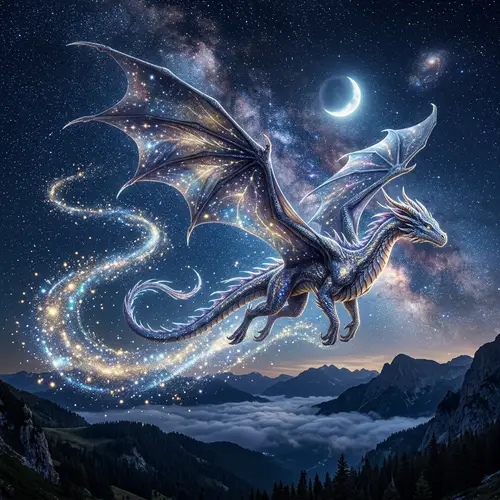 Majestic Dragon Soaring Through Starlit Sky - Birth of Dreams