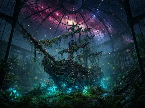 Ancient Pirate Galleon in Victorian Glasshouse