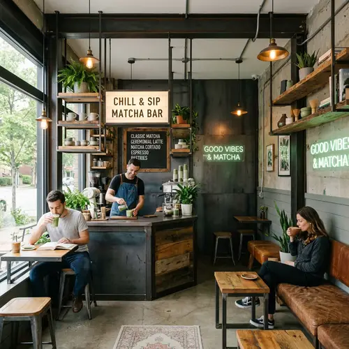 Chill Metal Matcha Cafe - Cozy & Convenient Design