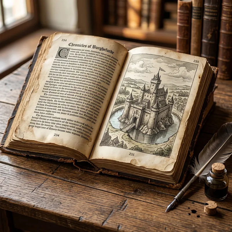 Vintage Open Hardcover Book with Medieval Castle Illustration - Detailed Image