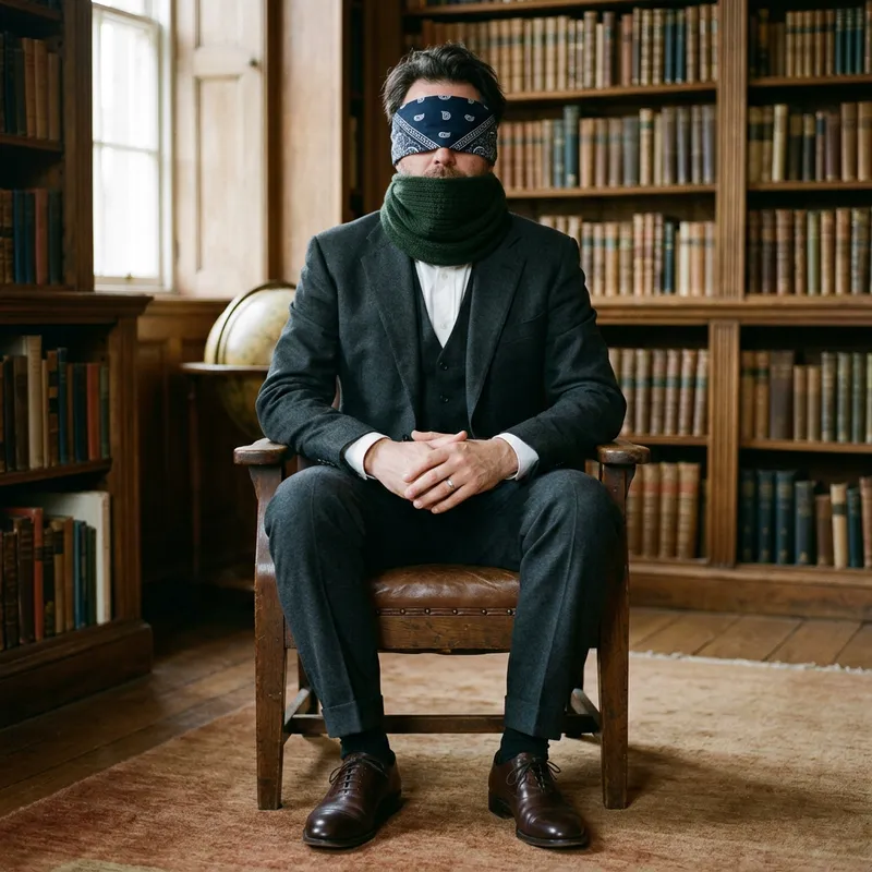 Classical Style Suit Man with Covered Eyes Seated on Chair