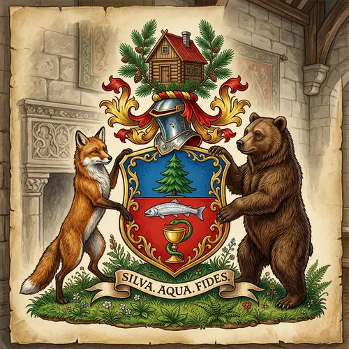 Heraldic Emblem with Pine and Wildlife