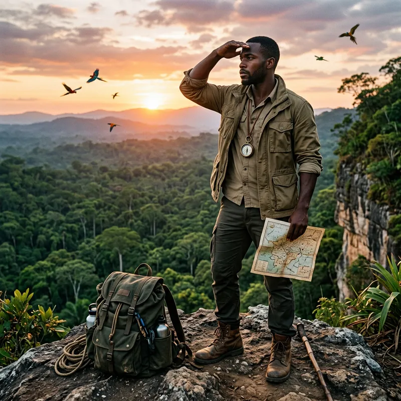 Explorer Traveler Overlooking Jungle Vista