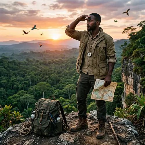 Adventurous Black Male Explorer Overlooking Jungle Vista