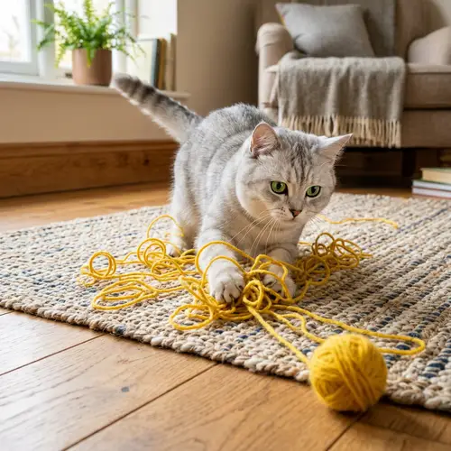 Adorable Silver Housecat Playing with Bright Yellow Yarn Ball