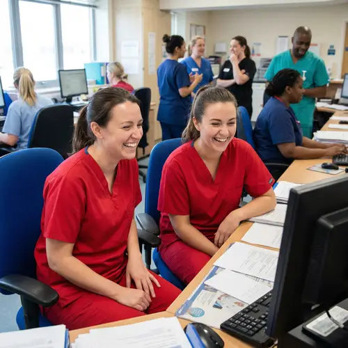 Cheerful Nurses in Red Scrubs at Work