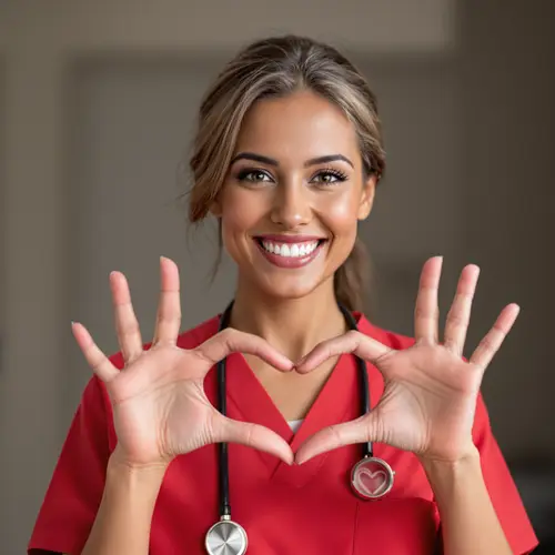 Smiling Nurse in Red Scrubs Making a Heart Gesture