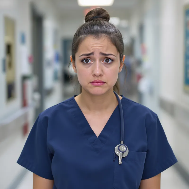 Stressed Female Nurse in Navy Blue Scrubs